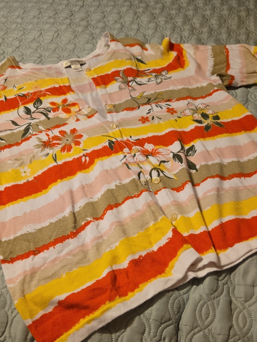 Christopher & Banks Pink Orange Yellow Striped Floral  Cardigan 100% Cotton